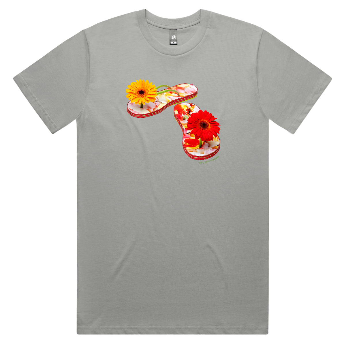 A gerbera jandals men's tee shirt from Golly Gosh Creations. Handcrafted from fresh flowers. Sizes S - 5XL. A quality cotton grey tee shirt.