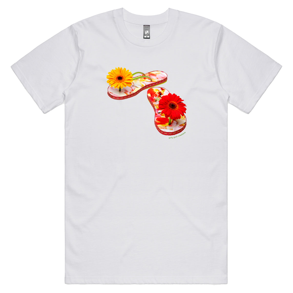 A gerbera jandals men's tee shirt from Golly Gosh Creations. Handcrafted from fresh flowers. Sizes S - 5XL. A quality cotton white tee shirt.