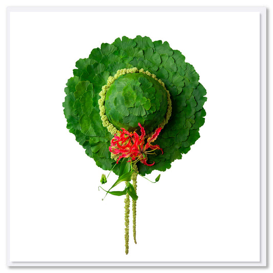 A quirky ginkgo hat greeting card found at Golly Gosh Creations. Created from lush green fan shaped ginkgo leaves. Size 142 x 142 mm.