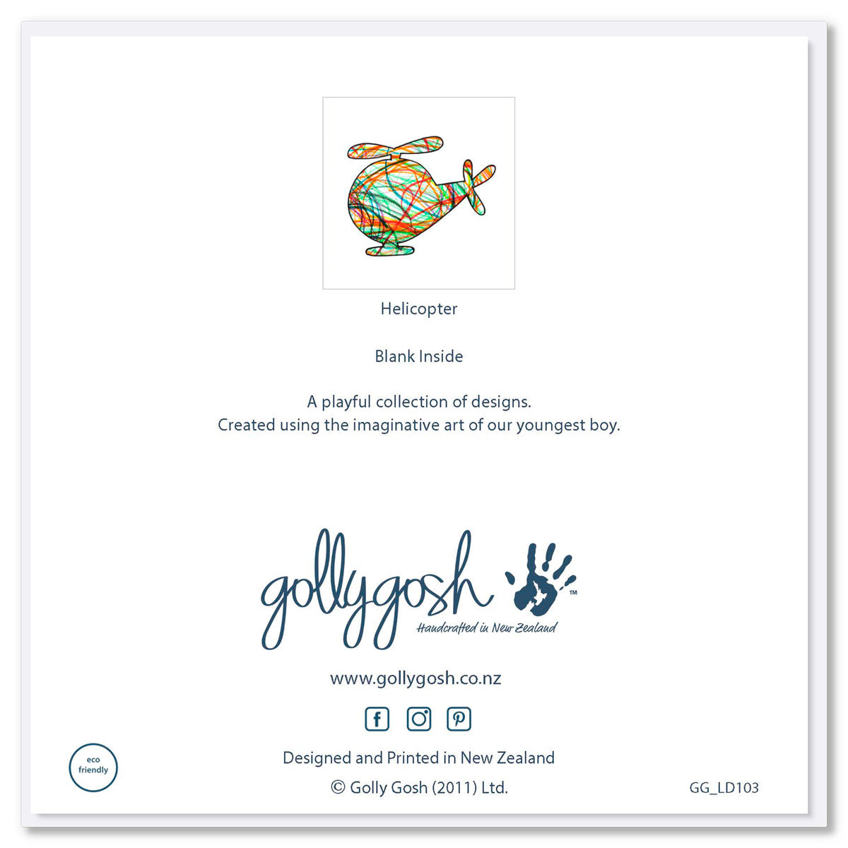 Back cover of a square greeting card from Golly Gosh Creations. A bright coloured kids drawing of a helicopter on a white background. 