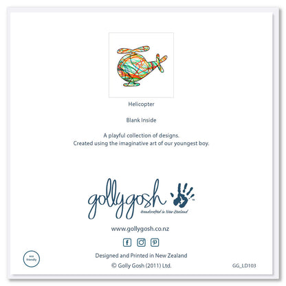 Back cover of a square greeting card from Golly Gosh Creations. A bright coloured kids drawing of a helicopter on a white background. 