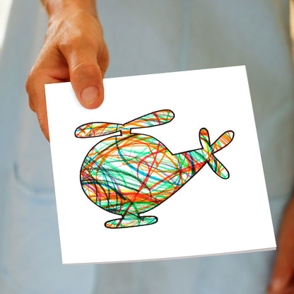 A hand held square greeting card from Golly Gosh Creations. A bright coloured kids drawing of a helicopter on a white background. 