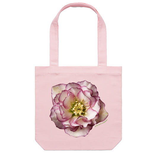 A helleborus flower cotton canvas tote bag by Golly Gosh Creations. Colour pink.