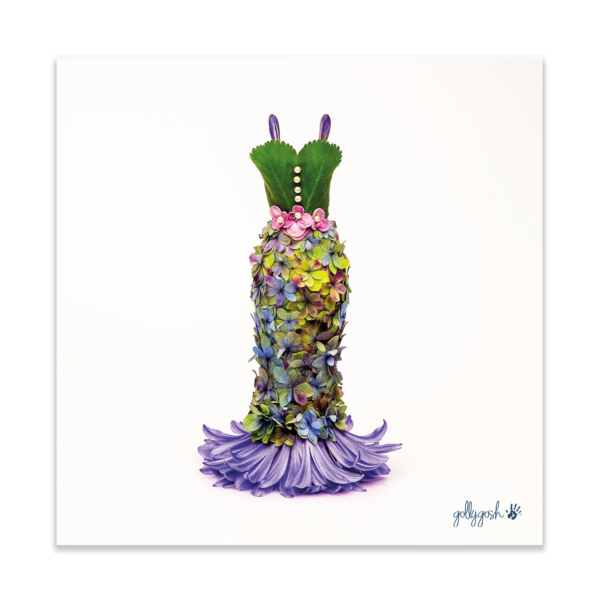 A hydrangea dress fine art print from Golly Gosh Creations. Crafted from colourful dainty flowers.  Printed on quality white art paper. Three sizes available.