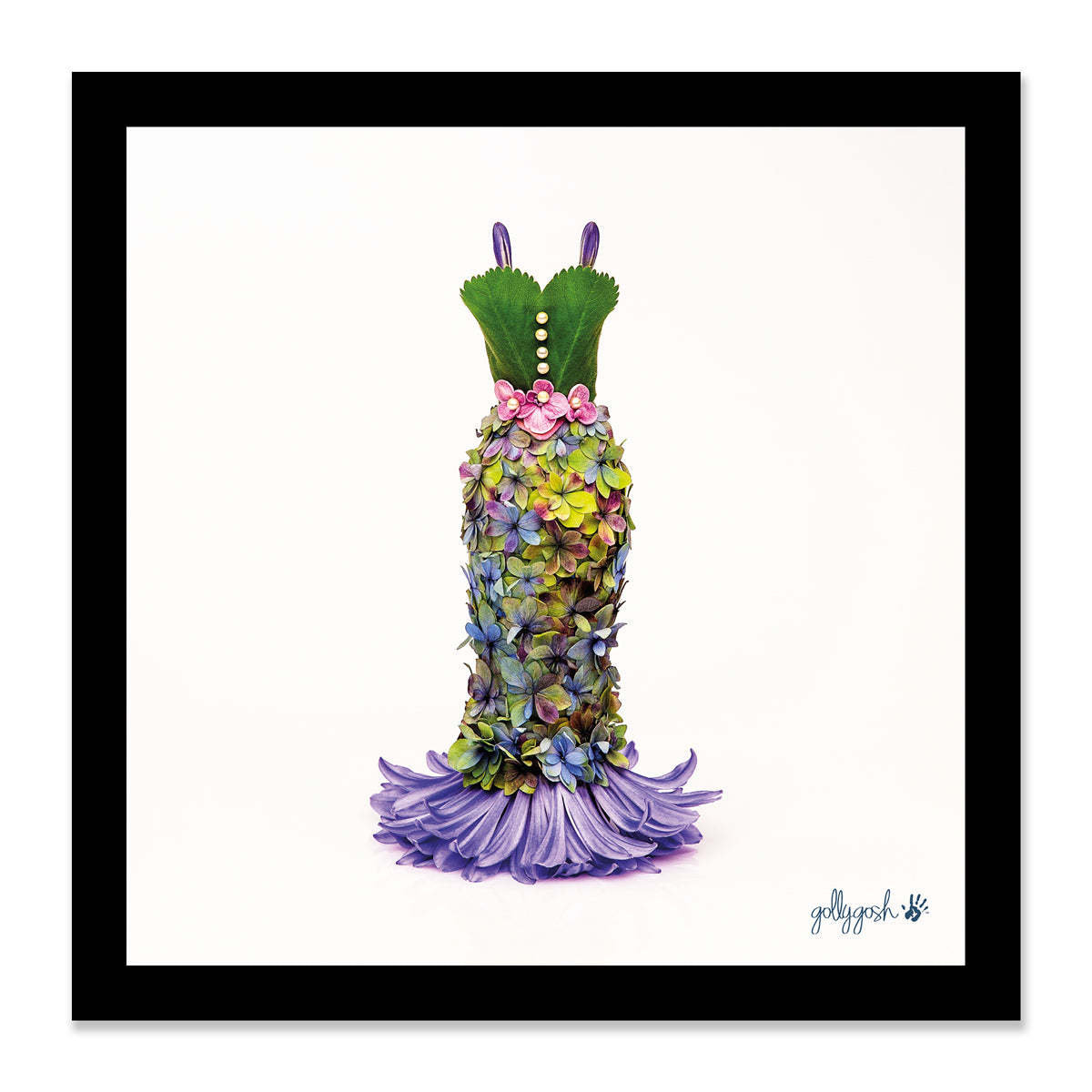 Mock up of a framed hydrangea dress fine art print from Golly Gosh Creations. Available in three sizes ready for framing. 