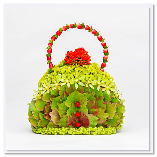 This hydrangea petal bag greeting card is created from luxurious green hydrangea petals. Found at Golly Gosh Creations. A quality square card.