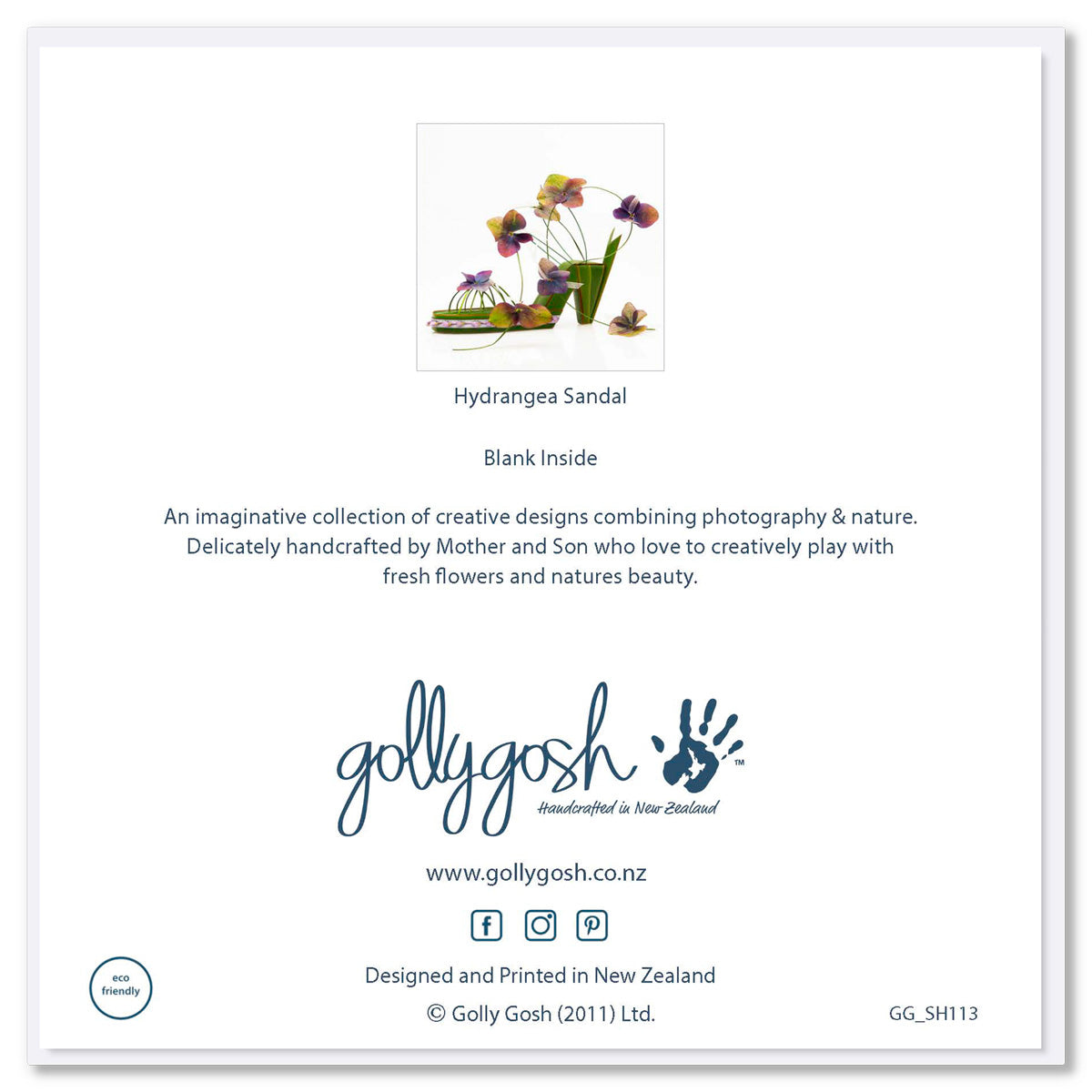 Back cover of a hydrangea sandal greeting card from Golly Gosh Creations. Size 142 x 142 mm. 