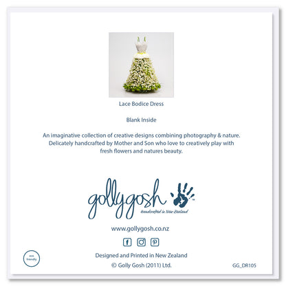 Back of Golly Gosh Lace Bodice Dress greeting card displaying floral dress design, blank inside note, description of handcrafted Mother and Son collection, branding, website and social details, and eco-friendly certification.