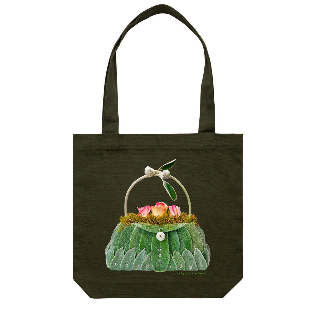 A quality cotton canvas tote bag from Golly Gosh Creations. Created from soft velvety lambs ear leaves with pretty flowers. Colour dark green.