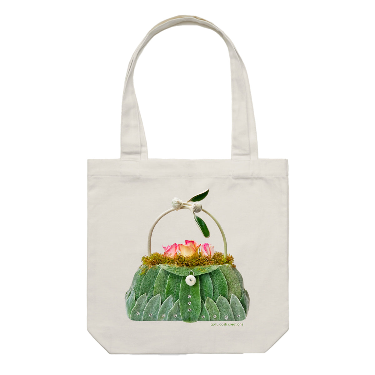 A quality cotton canvas tote bag from Golly Gosh Creations. Created from soft velvety lambs ear leaves with pretty flowers. Colour cream.
