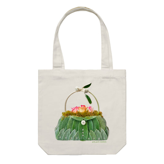 A quality cotton canvas tote bag from Golly Gosh Creations. Created from soft velvety lambs ear leaves with pretty flowers. Colour cream.