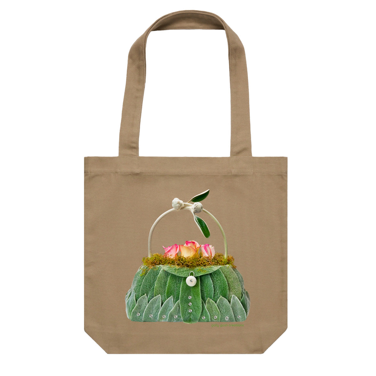 A quality cotton canvas tote bag from Golly Gosh Creations. Created from soft velvety lambs ear leaves with pretty flowers. Colour khaki.