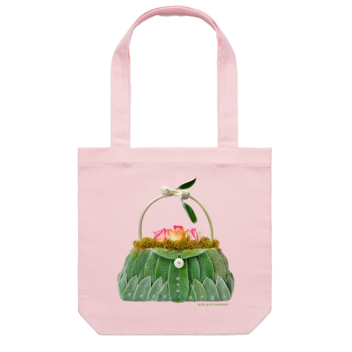 A quality cotton canvas tote bag from Golly Gosh Creations. Created from soft velvety lambs ear leaves with pretty flowers. Colour pink.