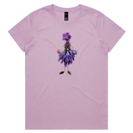 A lavender lady lavender coloured woman's tee shirt from Golly Gosh Creations. Sizes XS - 2XL. Created from fresh flowering lavender flowers. Quality cotton.