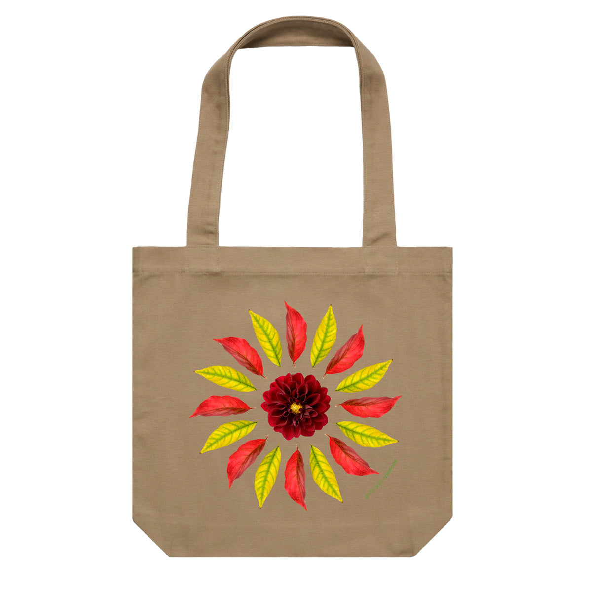 A strong cotton canvas tote bag featuring a beautiful leaf circle design by Golly Gosh Creations. Colour khaki.