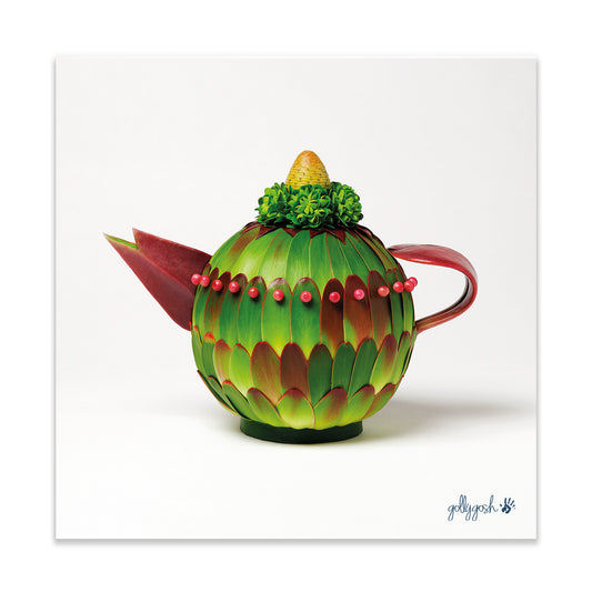 A leucadendron teapot fine art print from Golly Gosh Creations. Crafted from vibrant leaves.  Printed on quality white art paper. Three sizes available.