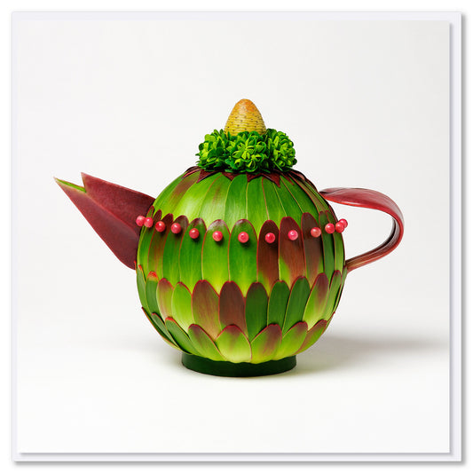 A leucadendron teapot greeting card created from lush leucadendron leaves. Available at Golly Gosh Creations. Size 142 x 142 mm