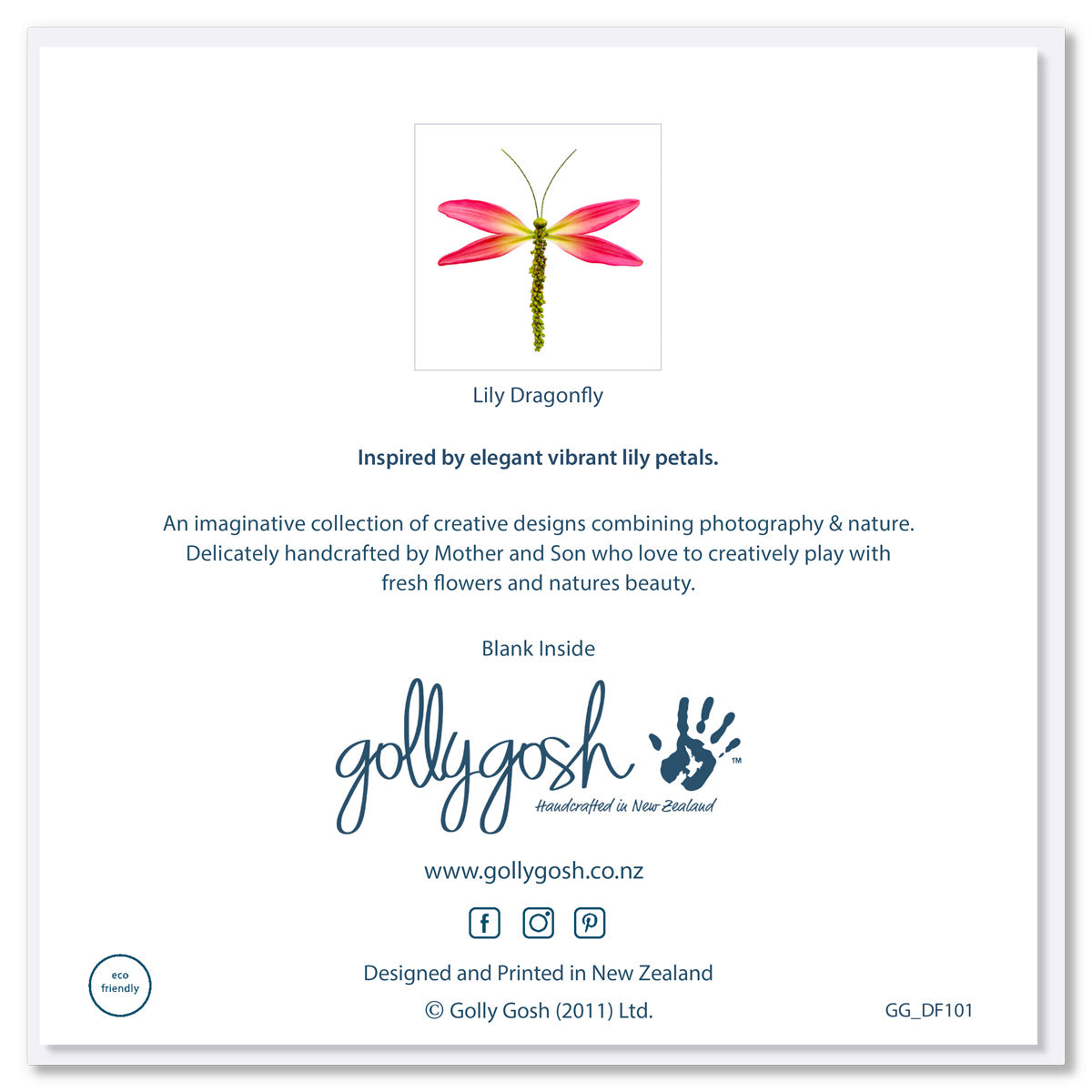 Back of a lily dragonfly greeting card from Golly Gosh Creations. Created from fresh pink lily leaves. Size 142 x 142 mm.