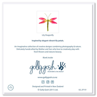 Back of a lily dragonfly greeting card from Golly Gosh Creations. Created from fresh pink lily leaves. Size 142 x 142 mm.