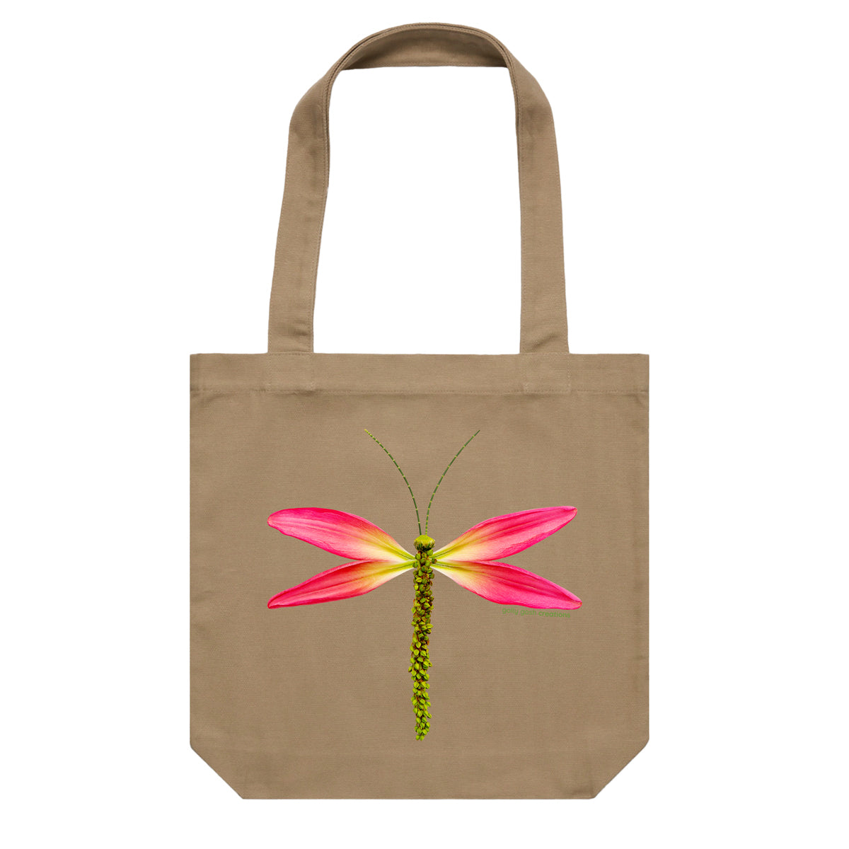 A lily dragonfly cotton canvas tote bag from Golly Gosh Creations. Handcrafted from elongated pink lily petals. Colour khaki.