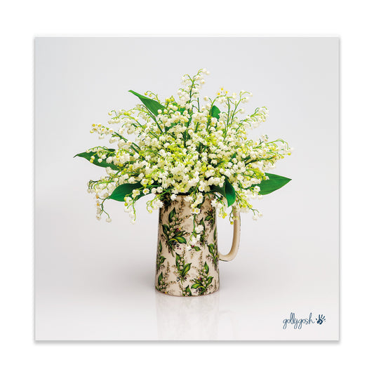 A lily of the valley jug fine art print from Golly Gosh Creations. A sweet arrangement of dainty blooms.  Printed on quality white art paper. Three sizes available.