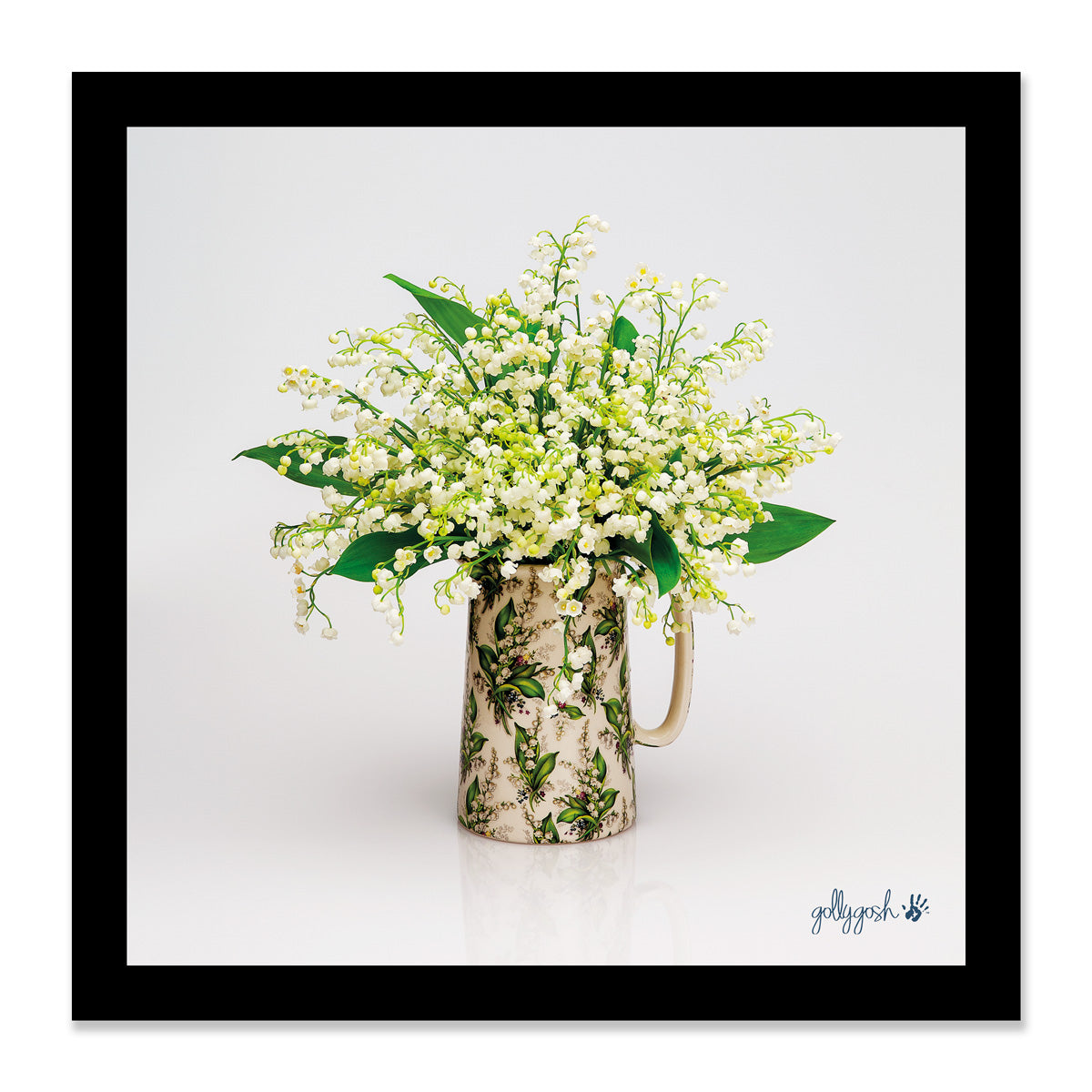 Mock up of a framed lily of the valley jug fine art print from Golly Gosh Creations. Available in three sizes ready for framing. 