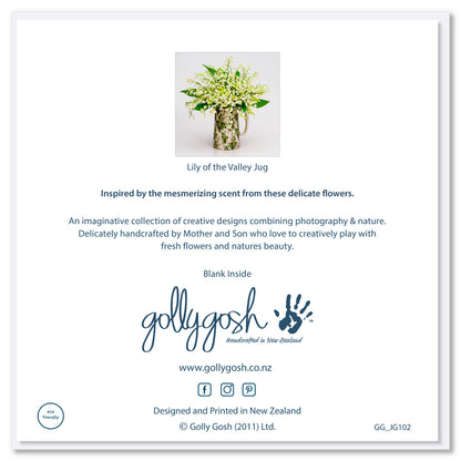 Back of a lily of the valley jug greeting card from Golly Gosh Creations. Size 142 x 142 mm
