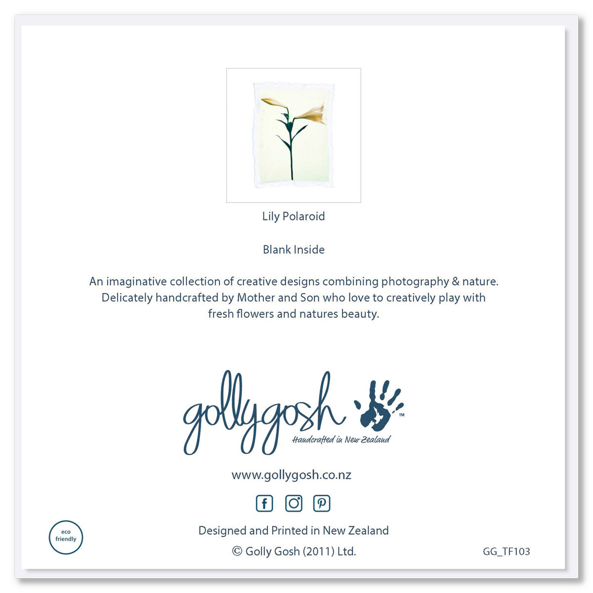 Back cover of a white lily polaroid greeting card found at Golly Gosh Creations. A generous quality square card.
