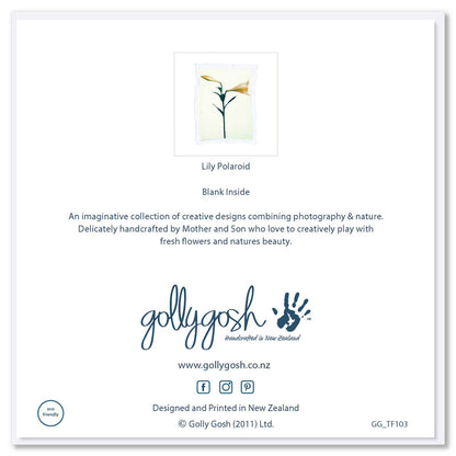 Back cover of a white lily polaroid greeting card found at Golly Gosh Creations. A generous quality square card.