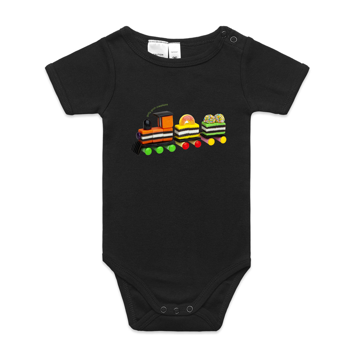 A fun liquorice train babygrow from Golly Gosh Creations. Crafted from sweet confectionery. A quality black cotton garment available from 0 - 24 months.