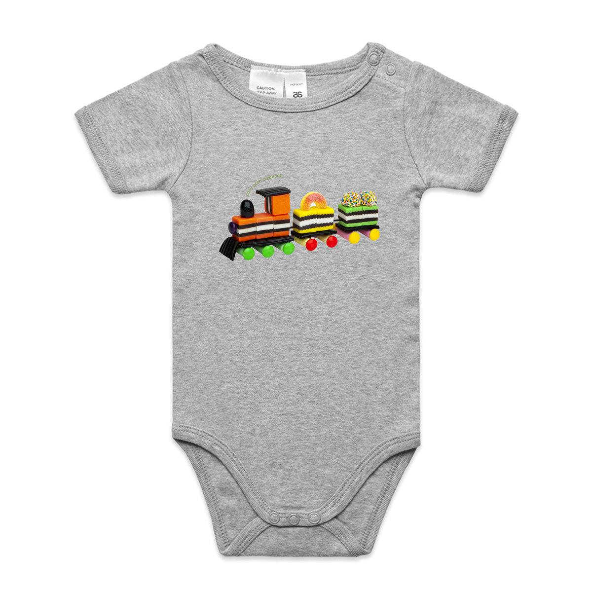 A fun liquorice train babygrow from Golly Gosh Creations. Crafted from sweet confectionery. A quality grey cotton garment available from 0 - 24 months.
