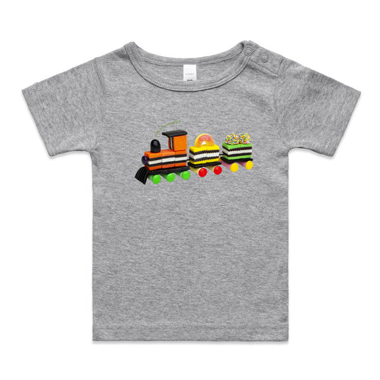 A fun liquorice train wee tee from Golly Gosh Creations. Crafted from sweet confectionery. A quality grey cotton garment available from 0 - 24 months.

