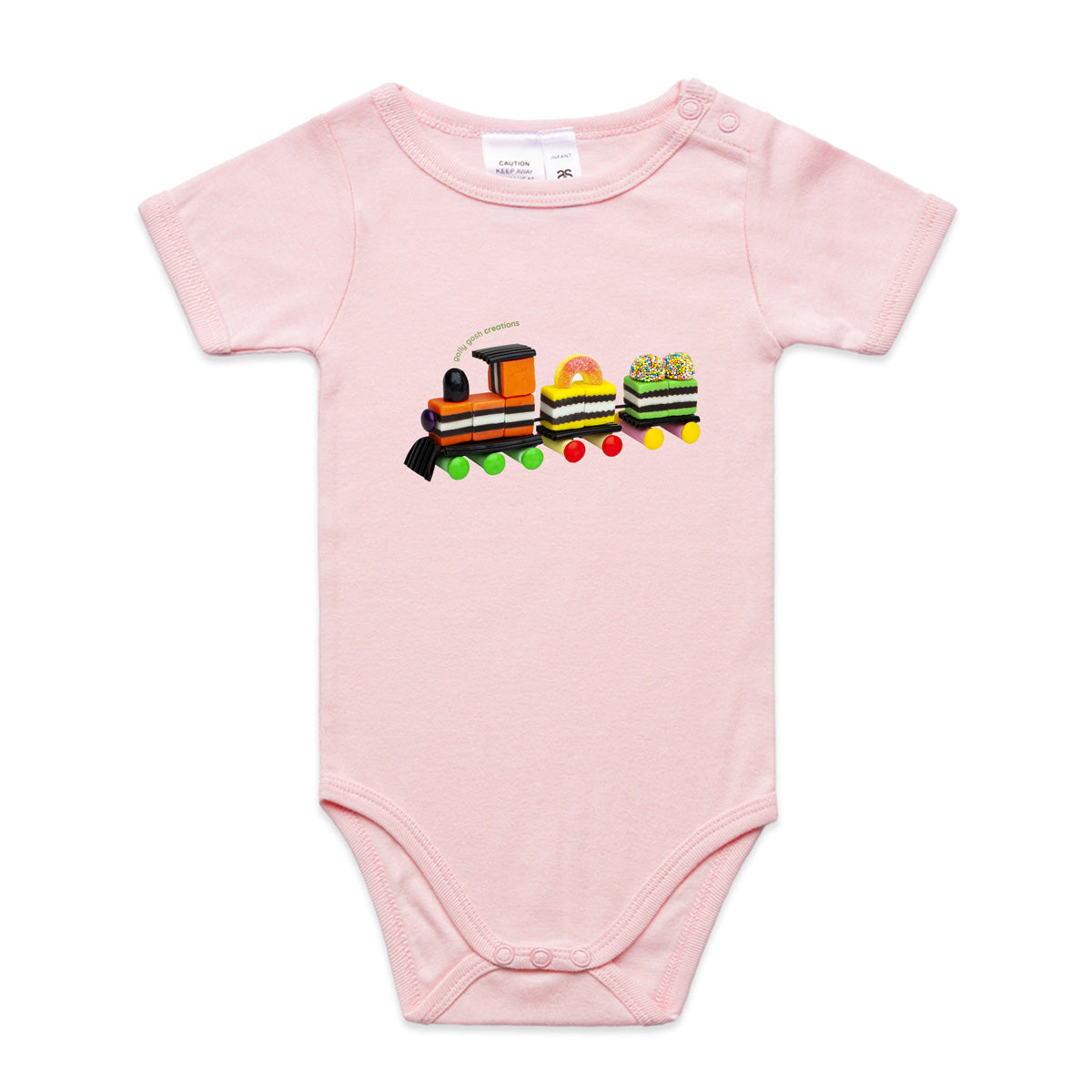 A fun liquorice train babygrow from Golly Gosh Creations. Crafted from sweet confectionery. A quality pink cotton garment available from 0 - 24 months.