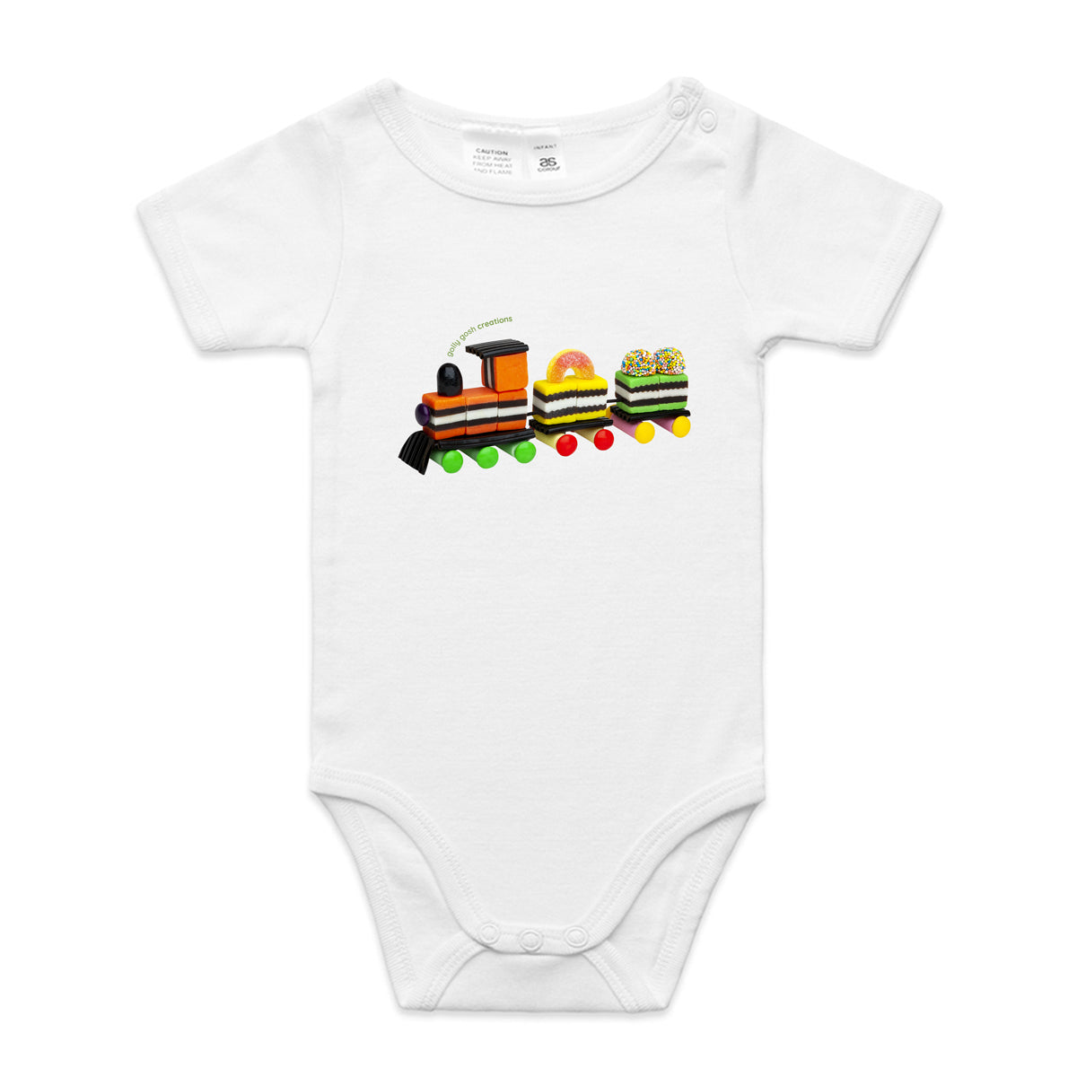 A fun liquorice train babygrow from Golly Gosh Creations. Crafted from sweet confectionery. A quality white cotton garment available from 0 - 24 months.