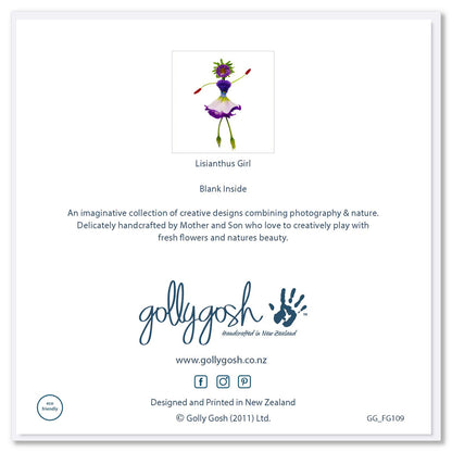 Back of a lisianthus girl greeting card from Golly gosh Creations. Size 142 x 142 mm. An elegant card created from delicate lisianthus petals.