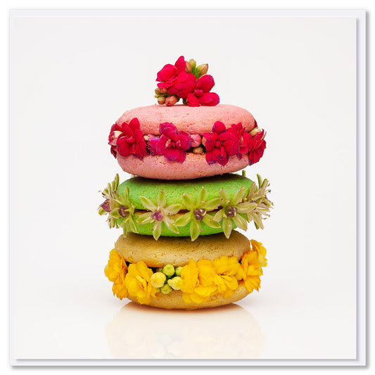 A macaroon stack greeting card found at Golly Gosh Creations. Size 142 x142 mm. A colourful card for the foodies with pretty flower decorations.