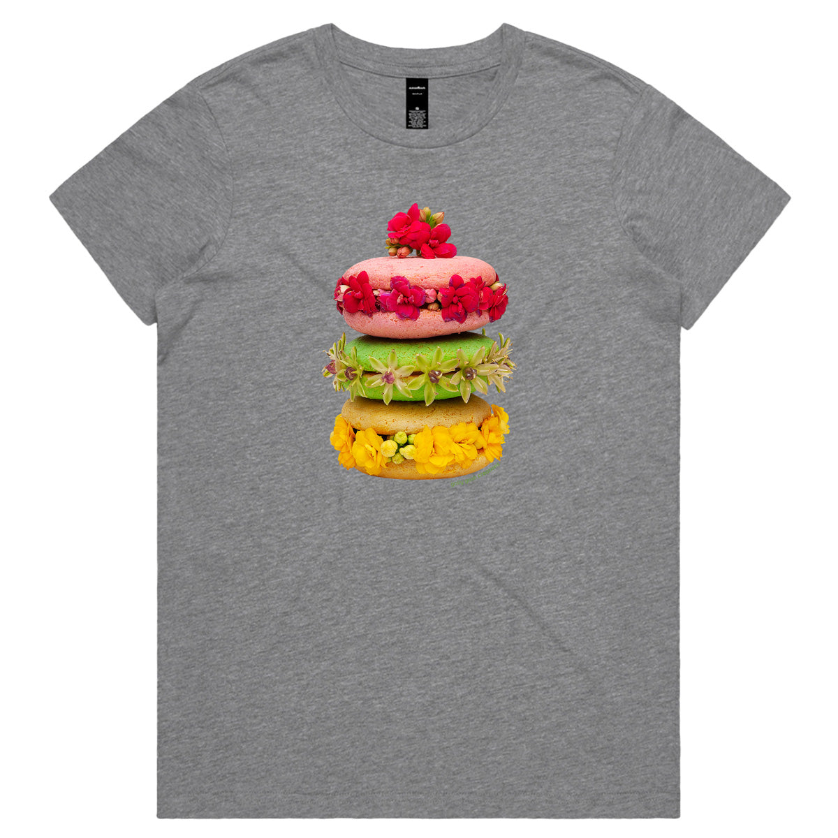 A macaroon stack grey woman's tee shirt from Golly Gosh Creations. Handcrafted from bright dainty flowers.Sizes XS - 2XL.  Quality cotton.