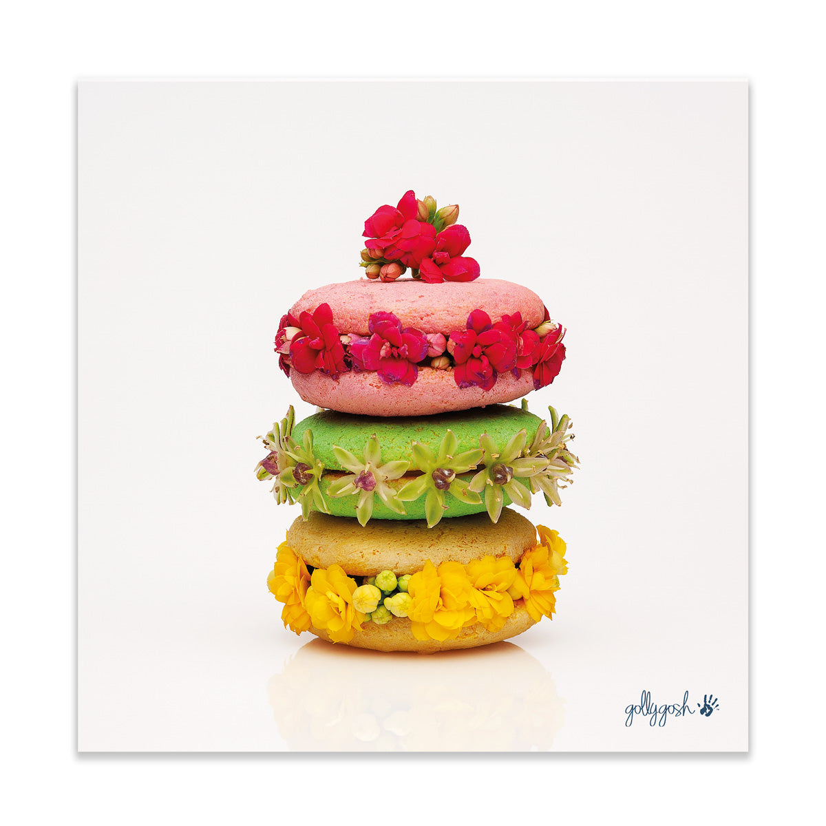 A macaroon stack fine art print from Golly Gosh Creations. Crafted from bright dainty flowers.  Printed on quality white art paper. Three sizes available.