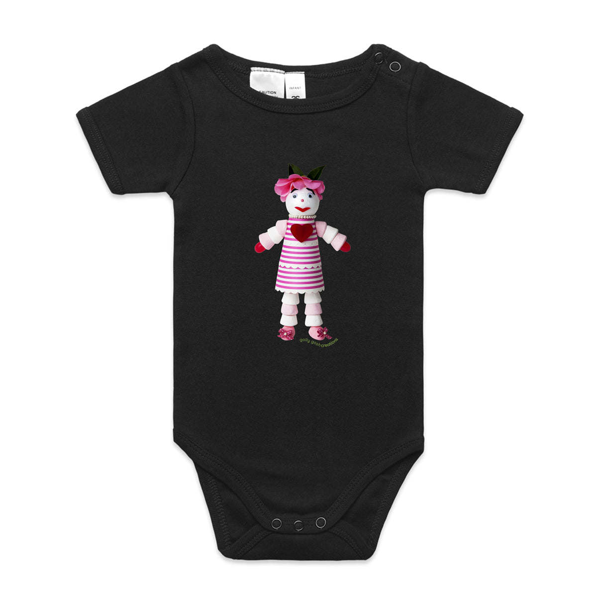 A sweet marshmallow doll babygrow from Golly Gosh Creations.  This black organic cotton garment comes in sizes 0 - 24 months.  Crafted from tasty treats.