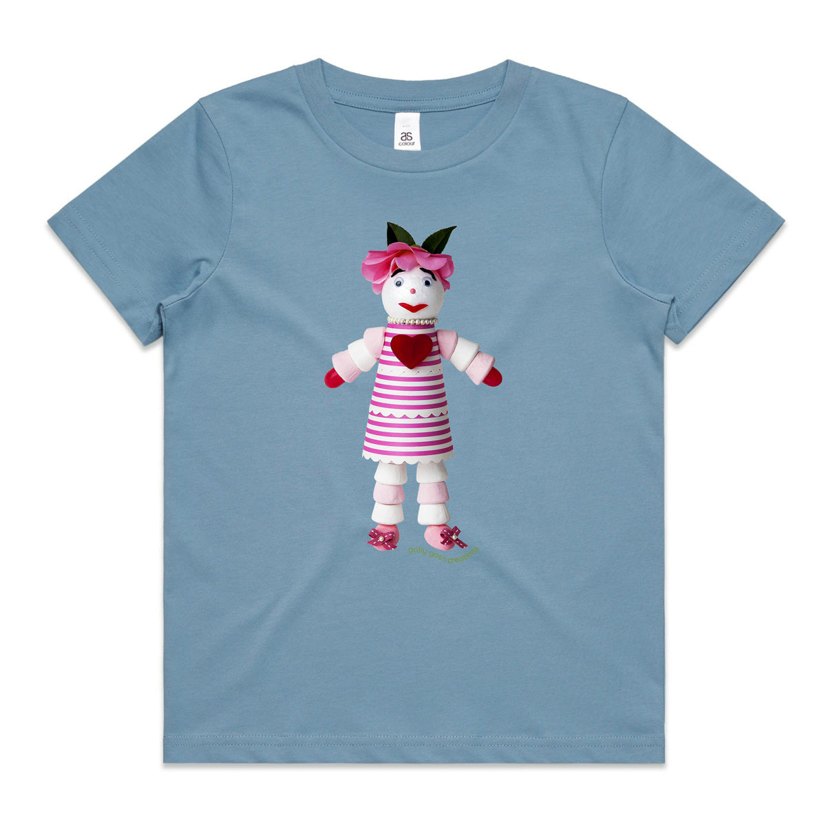 A marshmallow doll soft blue kids tee shirt from Golly Gosh Creations. Size 2 - 16 years. Created from sweet treats. A quality cotton garment.