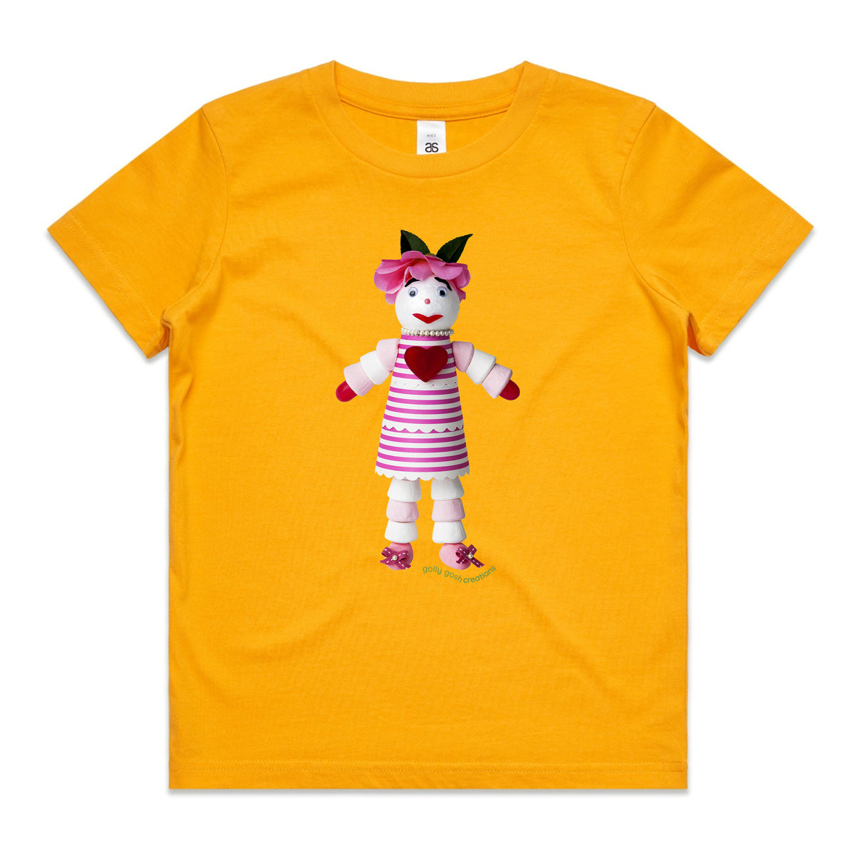 A marshmallow doll yellow kids tee shirt from Golly Gosh Creations. Size 2 - 16 years. Created from sweet treats. A quality cotton garment.