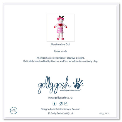 Back cover of a marshmallow doll greeting card from Golly Gosh Creations. Size 142 x 142 mm. A sweet card created from an assortment of marshmallows.