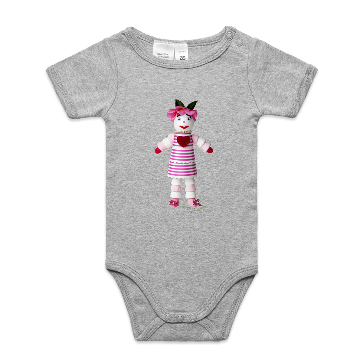 A sweet marshmallow doll babygrow from Golly Gosh Creations.  This grey organic cotton garment comes in sizes 0 - 24 months.  Crafted from tasty treats.