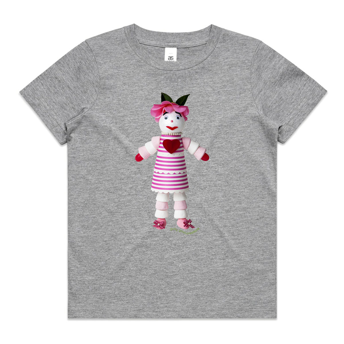 A marshmallow doll grey kids tee shirt from Golly Gosh Creations. Size 2 - 16 years. Created from sweet treats. A quality cotton garment.