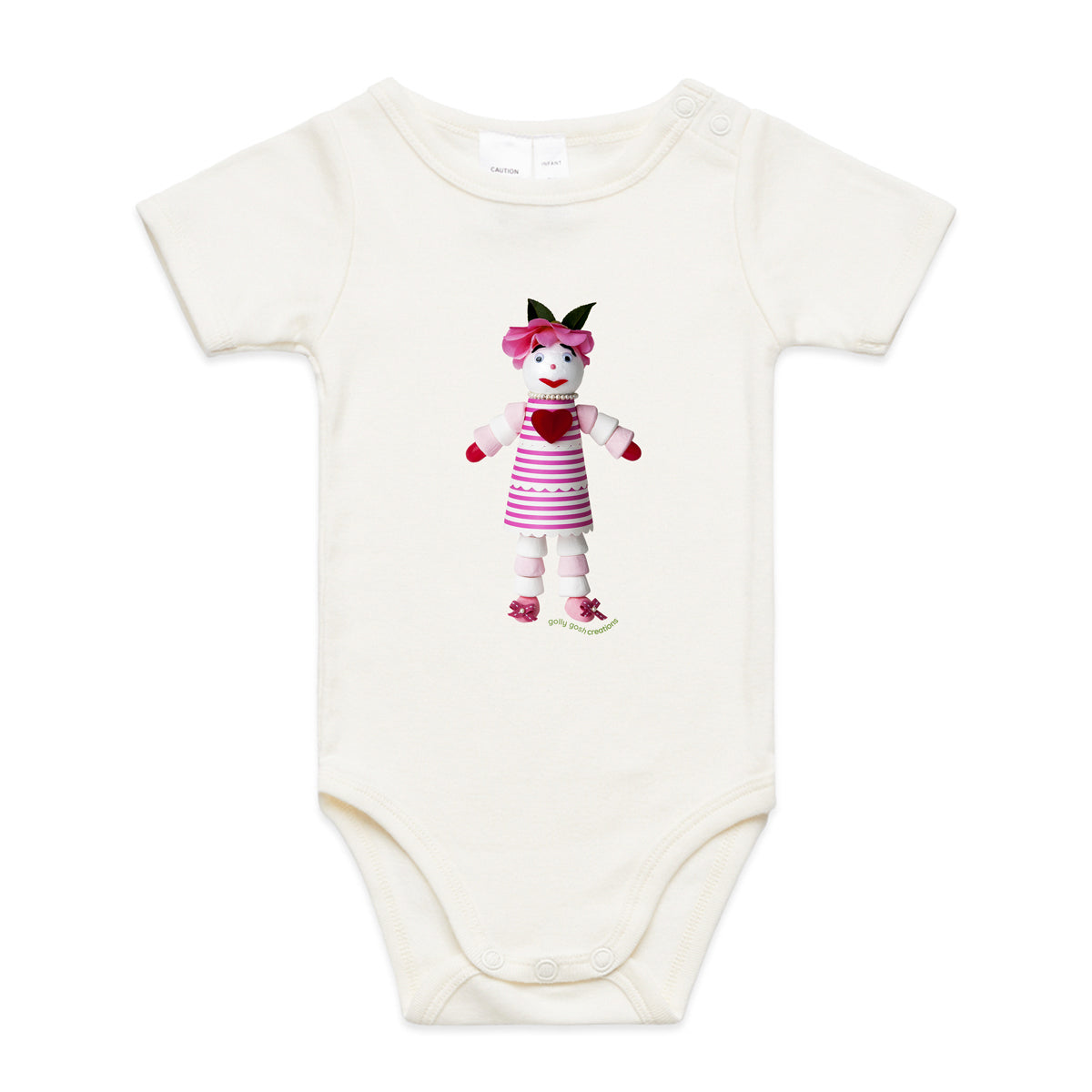 A sweet marshmallow doll babygrow from Golly Gosh Creations.  This natural organic cotton garment comes in sizes 0 - 24 months.  Crafted from tasty treats.