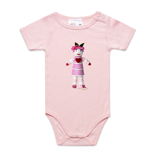 A sweet marshmallow doll babygrow from Golly Gosh Creations.  This pink organic cotton garment comes in sizes 0 - 24 months.  Crafted from tasty treats.