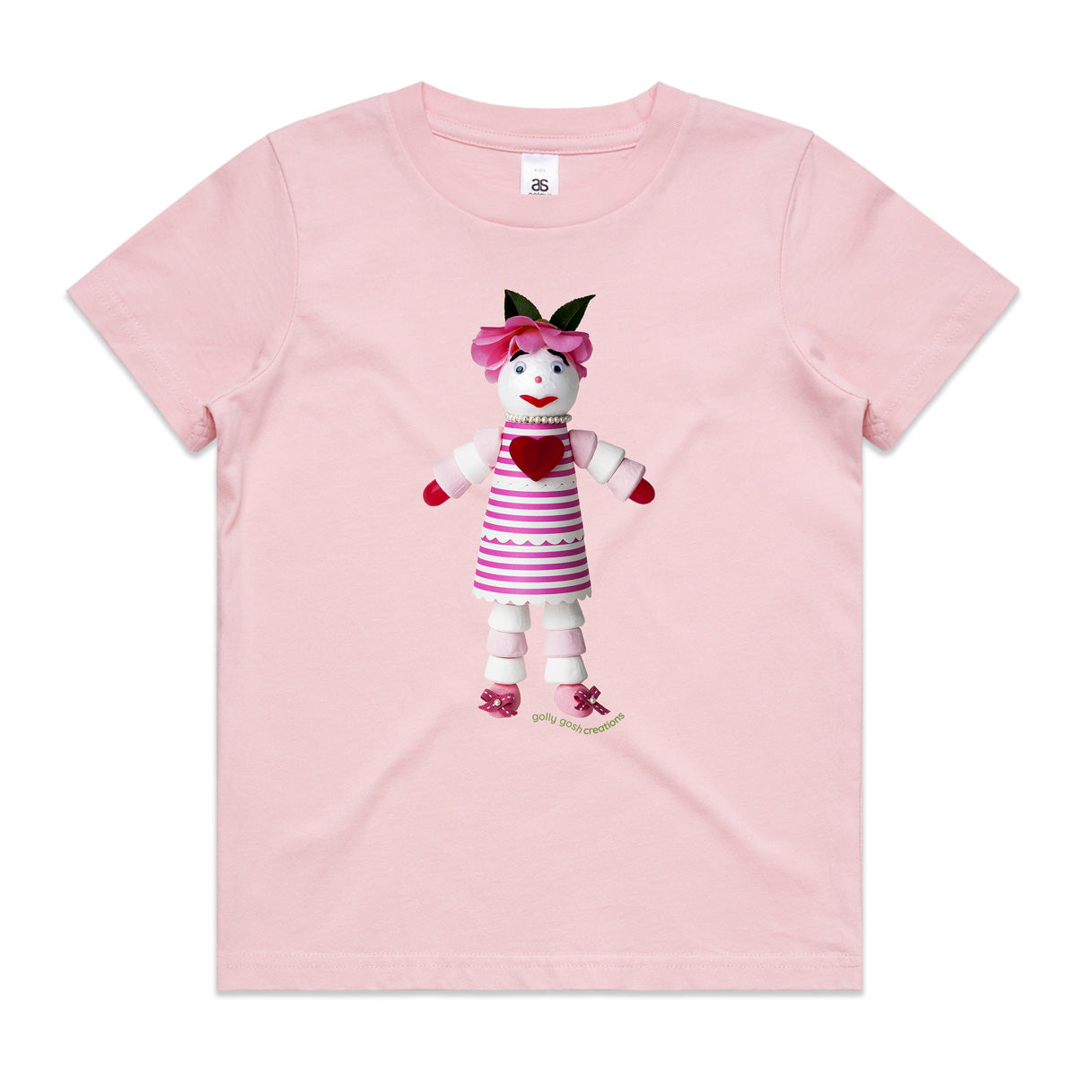 A marshmallow doll soft pink kids tee shirt from Golly Gosh Creations. Size 2 - 16 years. Created from sweet treats. A quality cotton garment.