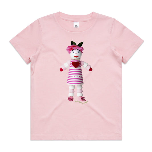 A marshmallow doll soft pink kids tee shirt from Golly Gosh Creations. Size 2 - 16 years. Created from sweet treats. A quality cotton garment.