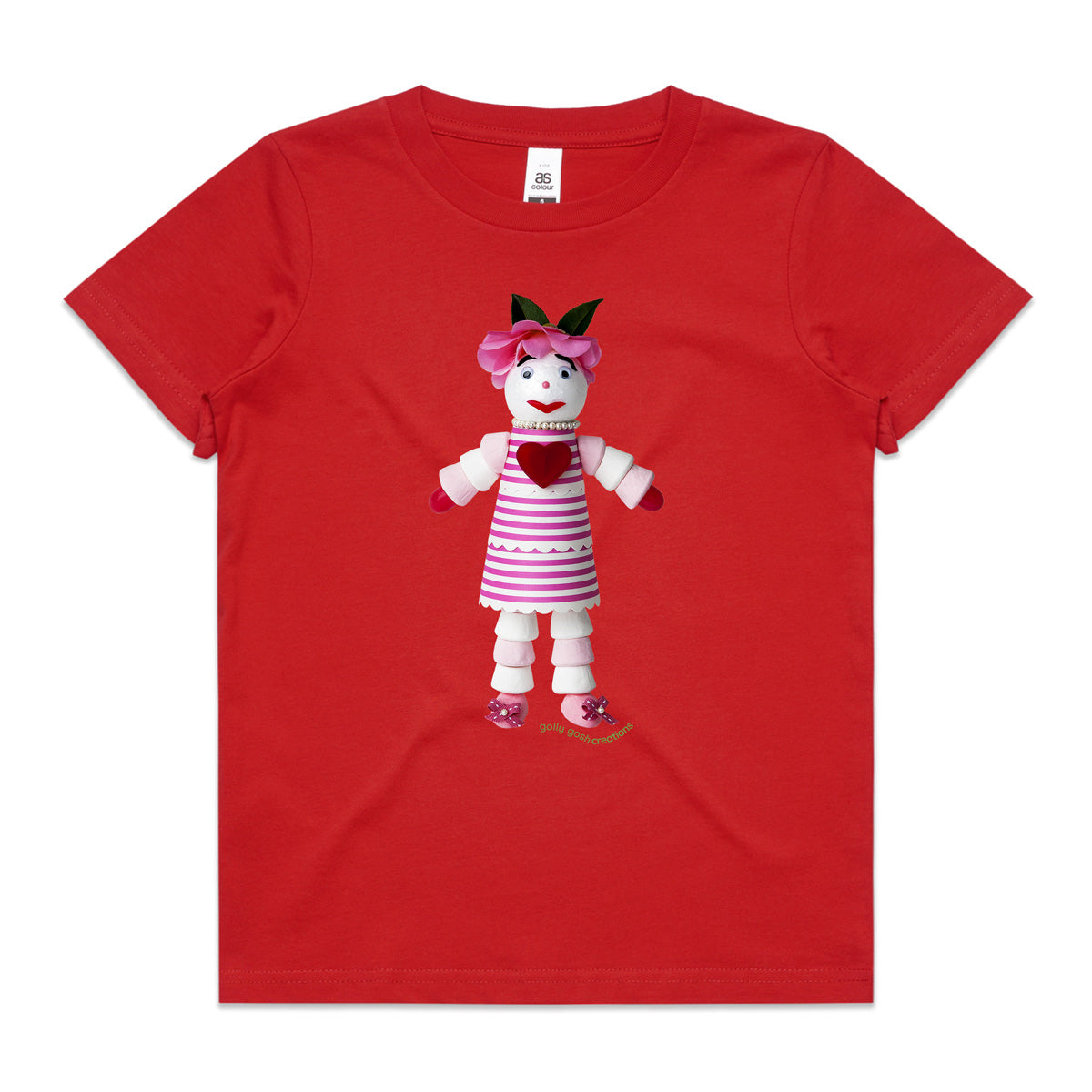 A marshmallow doll red kids tee shirt from Golly Gosh Creations. Size 2 - 16 years. Created from sweet treats. A quality cotton garment.