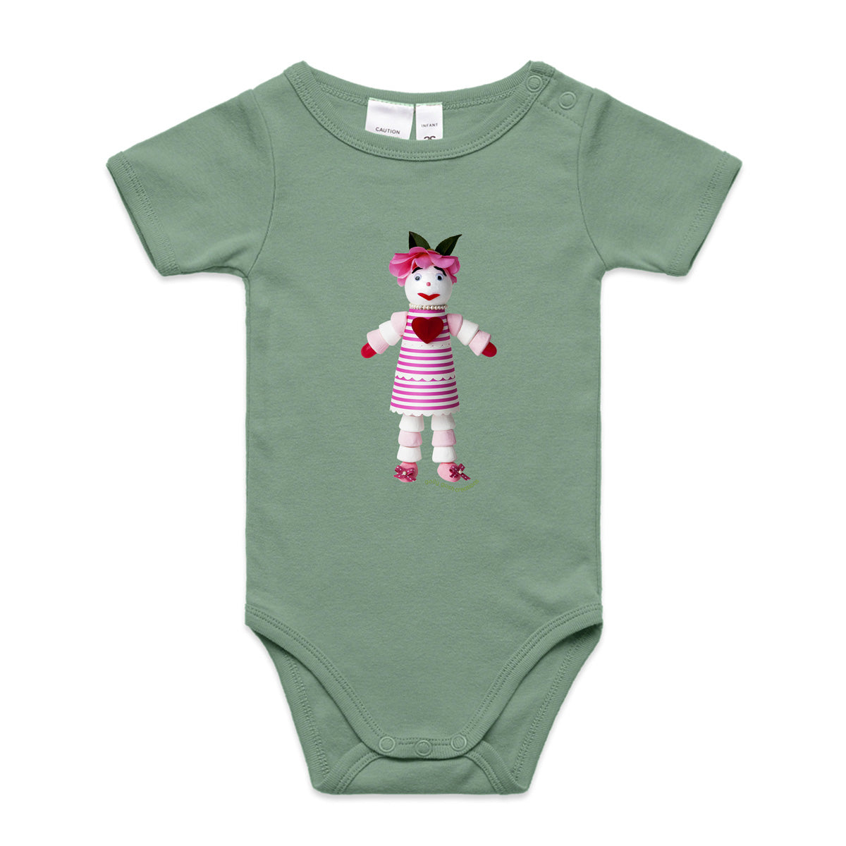 A sweet marshmallow doll babygrow from Golly Gosh Creations.  This sage organic cotton garment comes in sizes 0 - 24 months. Crafted from tasty treats.